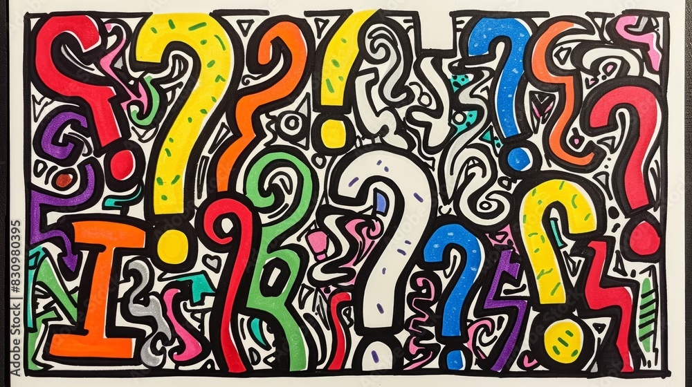 Whimsical doodle question marks in various styles, hand-drawn.

