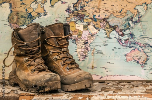 A pair of well-traveled hiking boots resting beside a faded world map peppered with route lines and notes, evoking the spirit of long-term budget traveling
