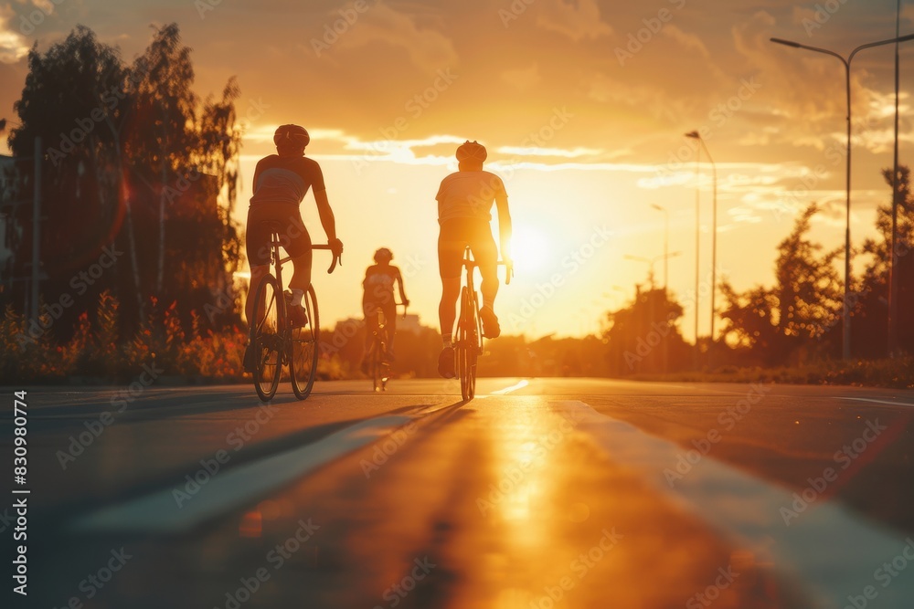 Cyclists enjoying a sunset ride on a path, backlit by a stunning evening sky, suggesting health and leisure activity