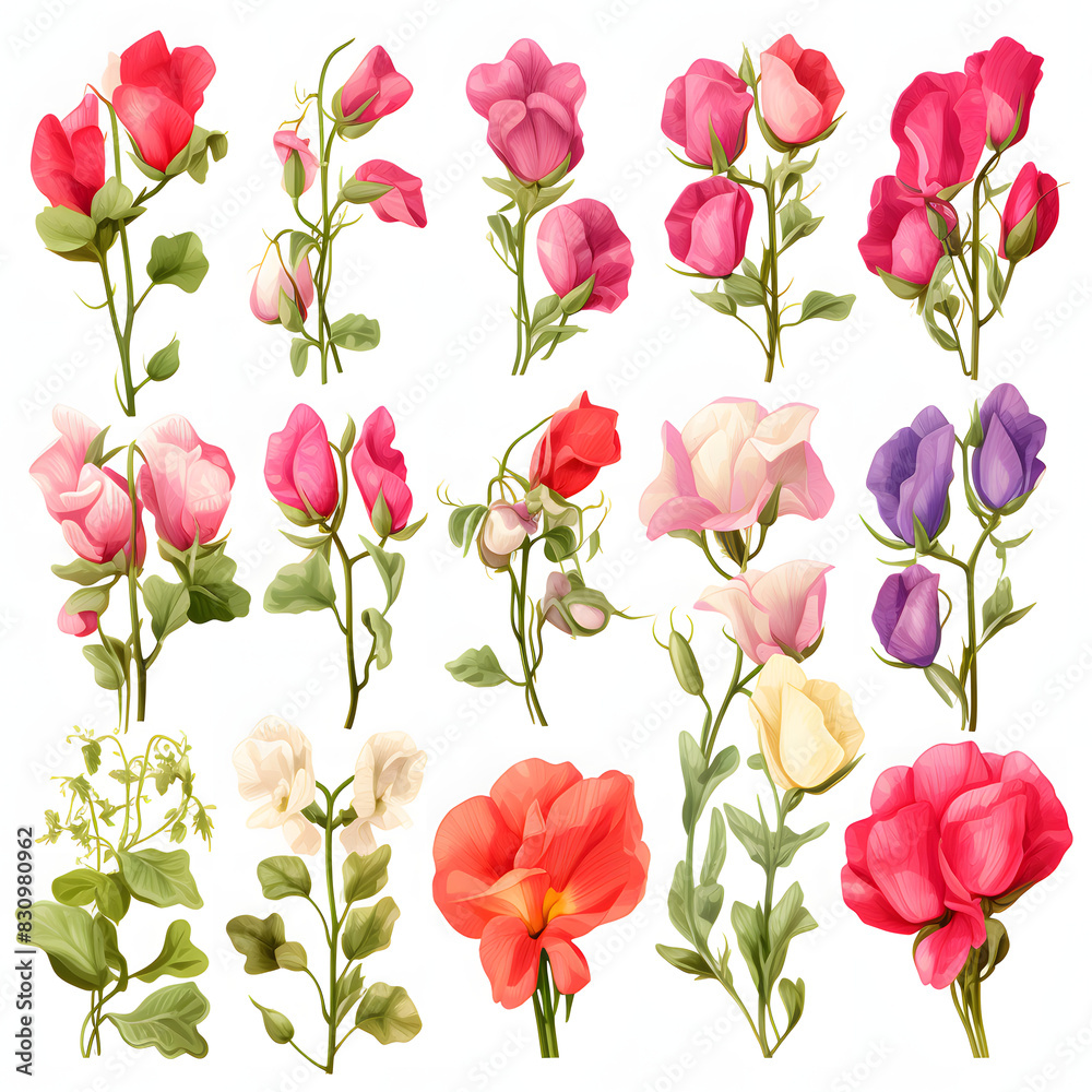 set of Sweet Pea, plants, leaves and flowers. illustrations of beautiful realistic flowers for background, pattern or wedding invitations set of Sweet Pea, plants, leaves and flowers. illustrations of beautiful realistic flowers for background, pattern or wedding invitations