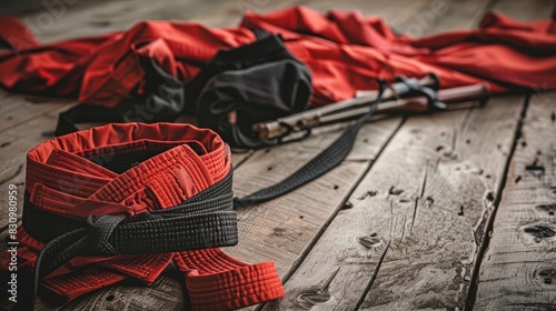 A martial arts uniform and belt on a wooden floor, with a few scattered training weapons and protective gear in the background, representing the discipline and skill required in the sport, captured in