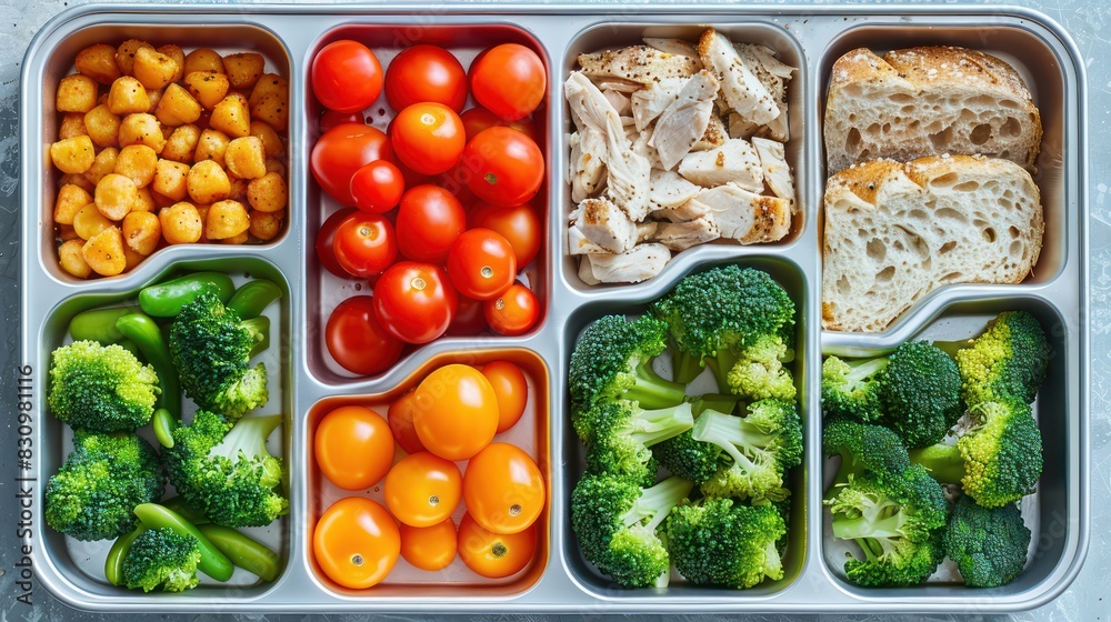 Lunch box for snack at school or work with broccoli, cherry tomatoes and whole wheat bread, top view. Generative AI Lunch box for snack at school or work with broccoli, cherry tomatoes and whole wheat bread, top view. Generative AI