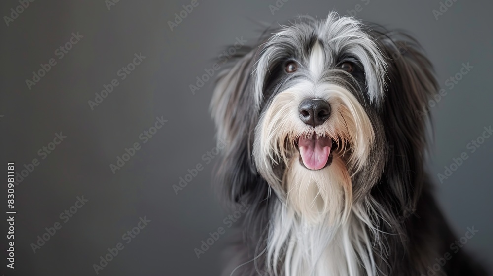 bearded collie sitting in front of gray background, bearded collie. Generative Ai bearded collie sitting in front of gray background, bearded collie. Generative Ai