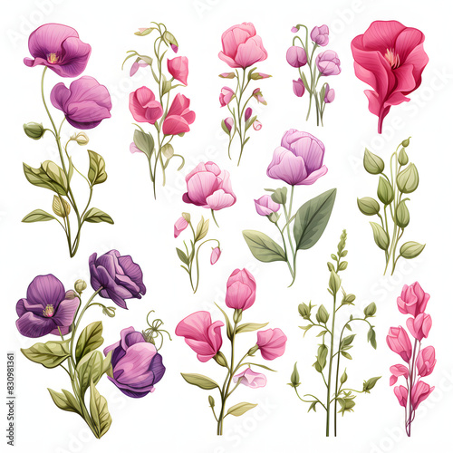 set of Sweet Pea, plants, leaves and flowers. illustrations of beautiful realistic flowers for background, pattern or wedding invitations photo