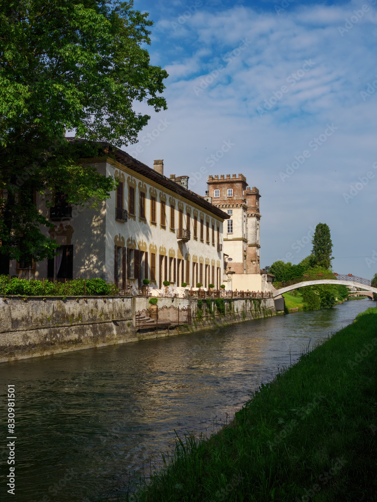 Historic buildings along the cycleway of Naviglio Grande, Milan, Italy, at Robecco Historic buildings along the cycleway of Naviglio Grande, Milan, Italy, at Robecco