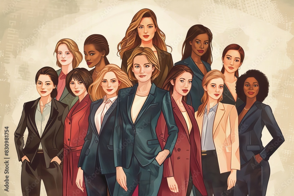 Illustrated array of professional women in stylish business suits with diverse appearances Illustrated array of professional women in stylish business suits with diverse appearances