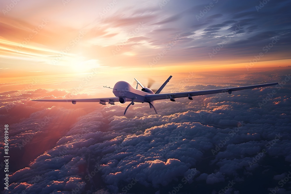 Naklejka premium Aerial Reconnaissance Drone Soaring Above Dramatic Sunset Skies