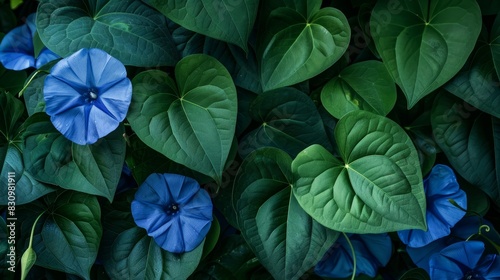 Morning glories with lush, green, heart-shaped leaves.

