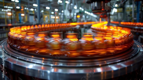 Bottles glowing warmly as they move through a high-speed conveyor system in an industrial setting Emphasizes speed and automation