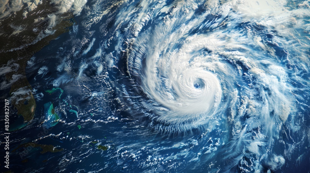 A breathtaking space view of a hurricane, capturing its swirling clouds and vast scale