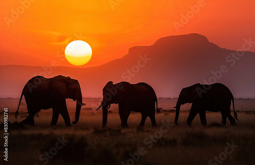 Elephants and beautiful sunset view. Created with Ai © Digital Canvas
