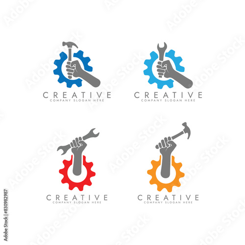 Human hand Construction tools, mechanic or plumber worker with screw key in arm. Car repair, auto service, plumbing and construction industry design with work tool and man fist symbol icon 