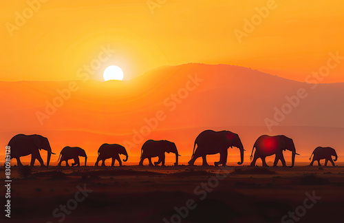 Elephants at sunset. Created with Ai