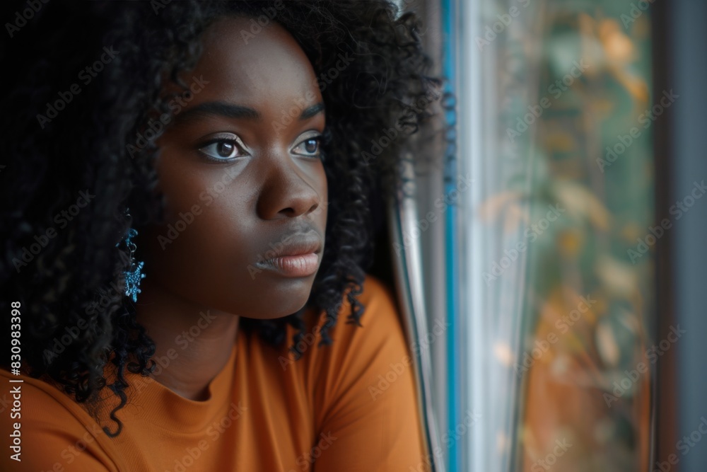 A contemplative young woman stares out a window, evoking feelings of introspection or daydreaming A contemplative young woman stares out a window, evoking feelings of introspection or daydreaming