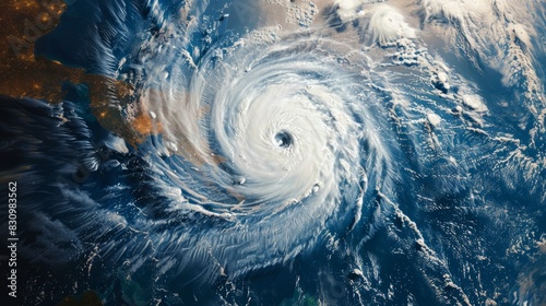 A breathtaking space view of a hurricane  capturing its swirling clouds and vast scale