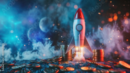 Rocketship model with coins lined up, symbolizing going to the moon.