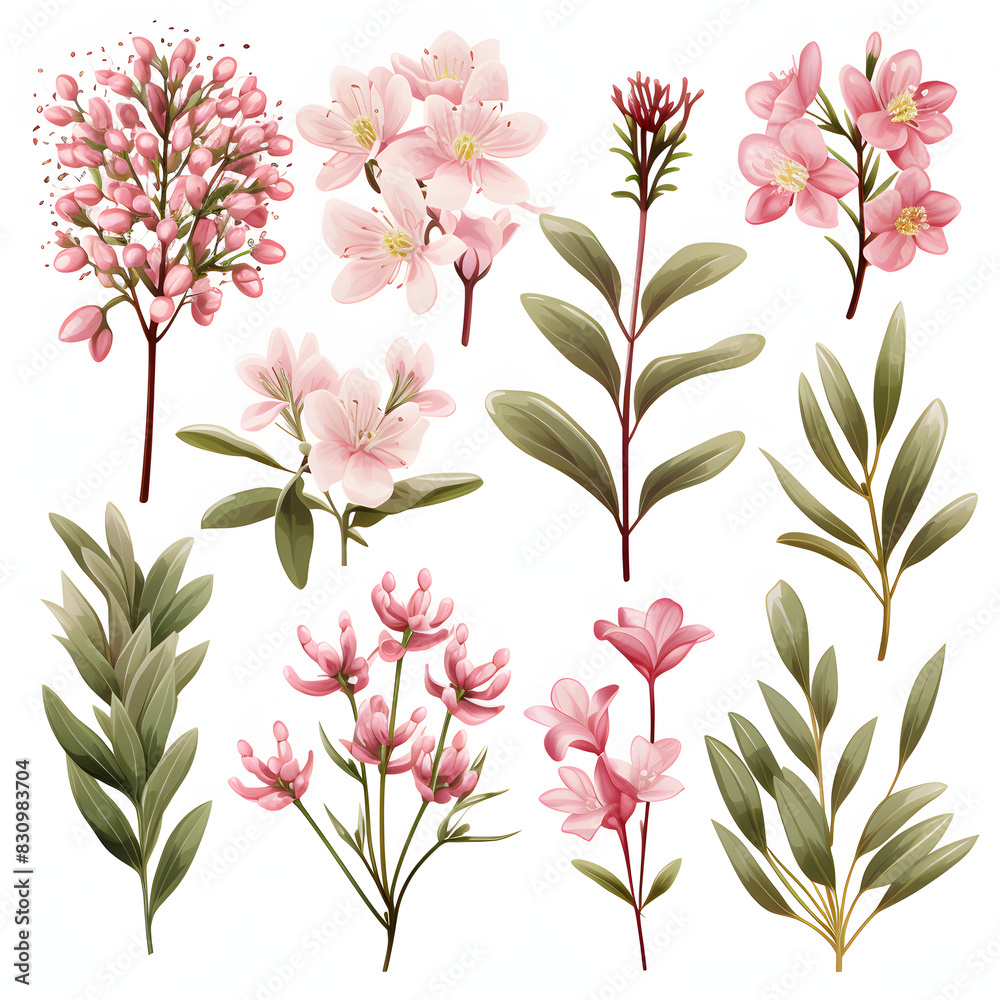 Obraz premium set of Waxflower, plants, leaves and flowers. illustrations of beautiful realistic flowers for background, pattern or wedding invitations