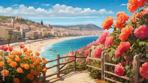 With the beach, fences, and flowers in the background, this is a Spanish seaside village. photo