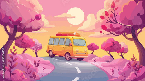 Cute posters with car. Colorful pink banner