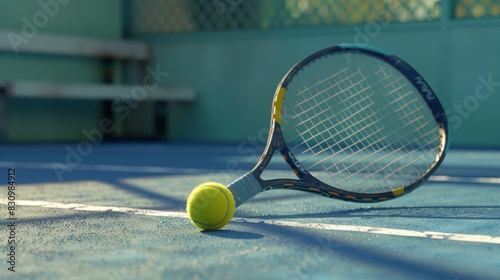 Tennis racket and ball placed on a tennis court.   © Chingiz