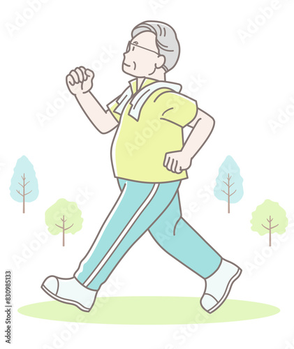 ウォーキングをするシニア男性のイラスト（半袖）