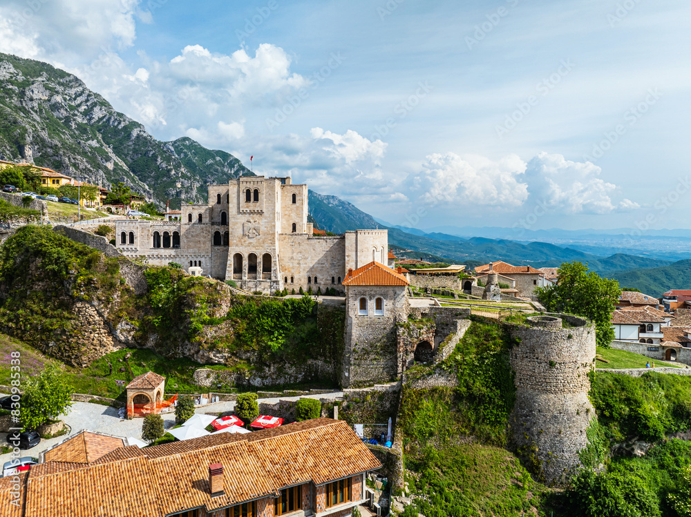 Obraz premium Kruje and Mount Kruje from a drone, Ishem River, Albania