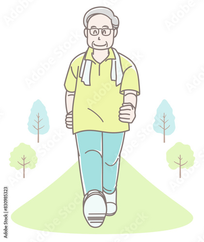 ウォーキングをするシニア男性のイラスト（半袖）