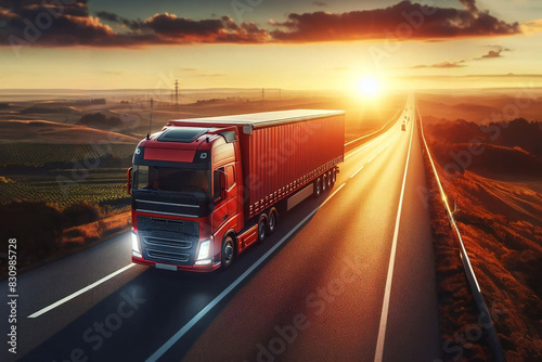 Large truck with trailer carrying goods on asphalt road at sunset #830985728