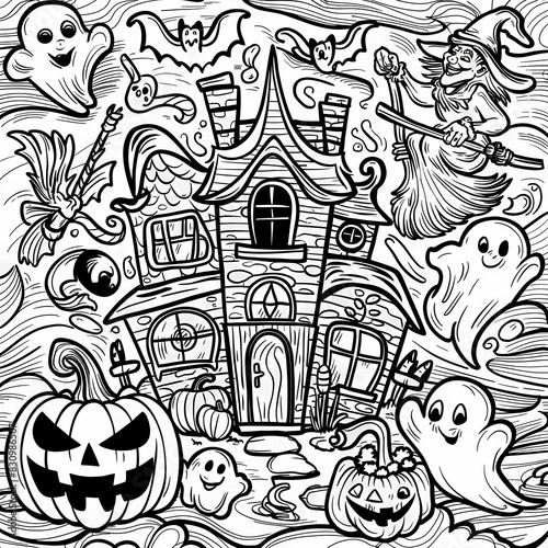 halloween seamless pattern with pumpkins coloring book