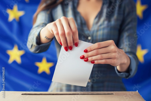 Woman casting vote into a ballot box in front of European Union flag. Animated illustration representing EU elections. photo