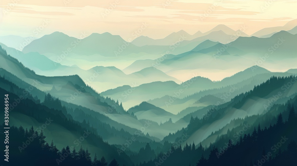 Obraz premium A serene landscape of misty mountains at dawn, with layers of hills fading into the horizon, creating a calm and peaceful atmosphere.