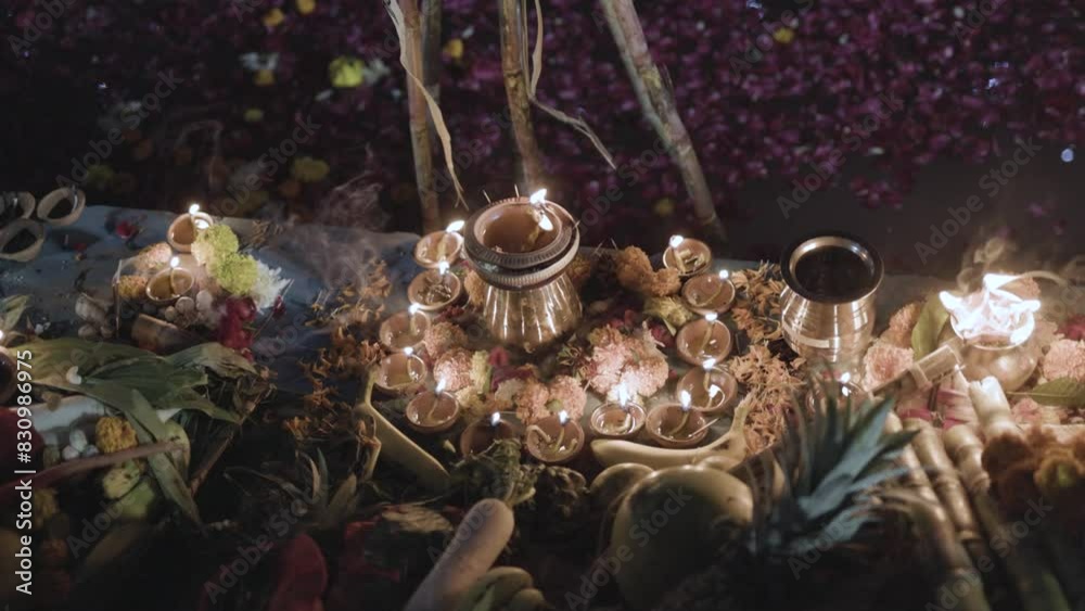 traditional holy offerings of burning oil lamp at river side at chhath festival by devotee