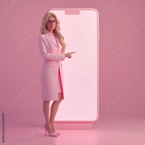 Modern saleswoman presenting on a giant blank smartphone. Bright pink and trendy scene.