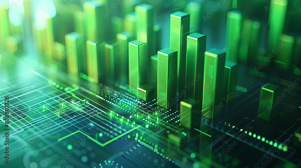 Green bars of a graph rise on a circuit board, representing growth and innovation. Green bars of a graph rise on a circuit board, representing growth and innovation.