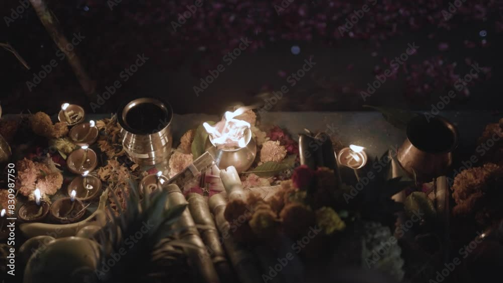 traditional holy offerings of burning oil lamp at river side at chhath festival by devotee