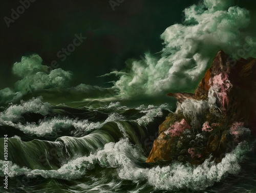 Surreal art fantasy scene secret mysterious beach sunset sea clouds. Baroque, renaissance style, rich colors, dramatic lighting, oil painting illustration