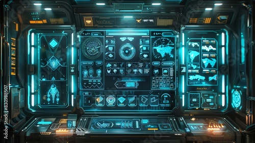 Fototapeta Naklejka Na Ścianę i Meble -  Futuristic spaceship control panel with glowing blue interfaces.