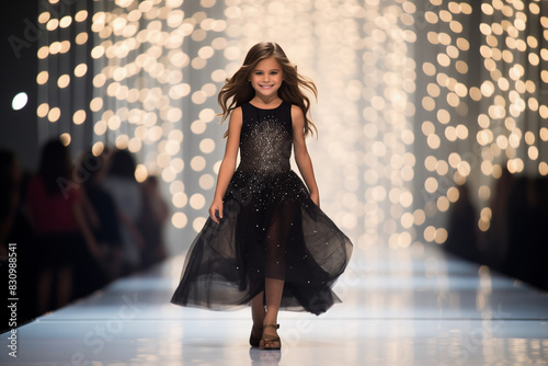 A little beautiful girl walks down the runway catwalk fashion show, Little girl fashion model, 