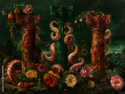 Surreal art fantasy scene secret mysterious garden of flowers and plants, peonies, tulips, roses, orchids, fruits. Baroque, renaissance style, rich colors, dramatic lighting, oil painting illustration
