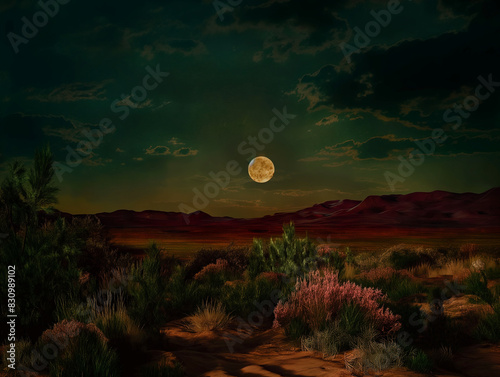 Surreal art fantasy scene secret mysterious desert sunset sea clouds. Baroque, renaissance style, rich colors, dramatic lighting, oil painting illustration