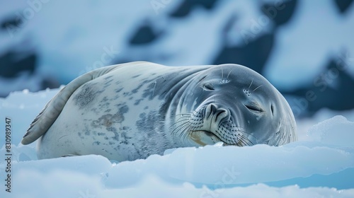 Cute Crabeater seal Lobodon carcinophaga lies sleepily on ice floe. Generative Ai photo