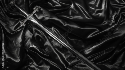 A silver sword is on a black cloth photo