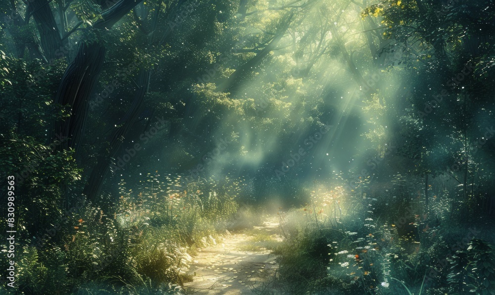Fototapeta premium A sunlit path winds through a dense forest, with dappled light filtering through the trees. The inviting path and clearings offer perfect spots for adding text in a naturally beautiful setting.
