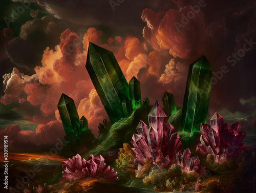 Surreal art fantasy scene secret mysterious garden of flowers and plants, peonies, tulips, roses, orchids, fruits. Baroque, renaissance style, rich colors, dramatic lighting, oil painting illustration