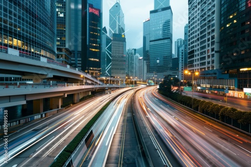 Bustling Cityscape with Light Trails on Urban Expressway in Twilight