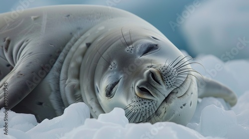 Cute Crabeater seal Lobodon carcinophaga lies sleepily on ice floe. Generative Ai photo