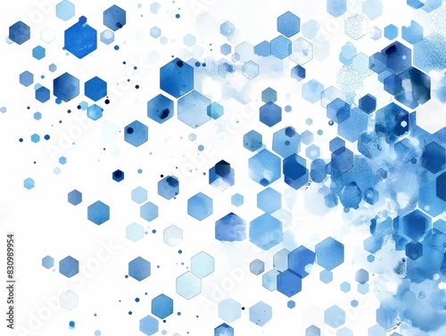 An abstract image featuring various shades of blue hexagons scattered across a white background.