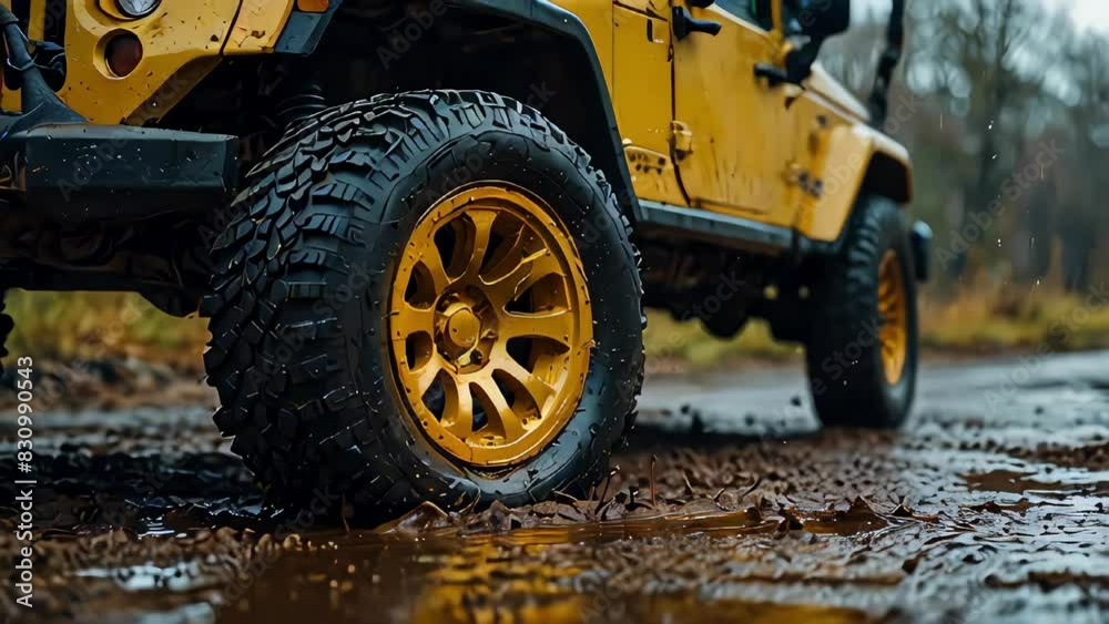 A yellow large SUV driving through the mud on a forest road, water from puddles scattering in splashes from under the wheels. A yellow large SUV driving through the mud on a forest road, water from puddles scattering in splashes from under the wheels.