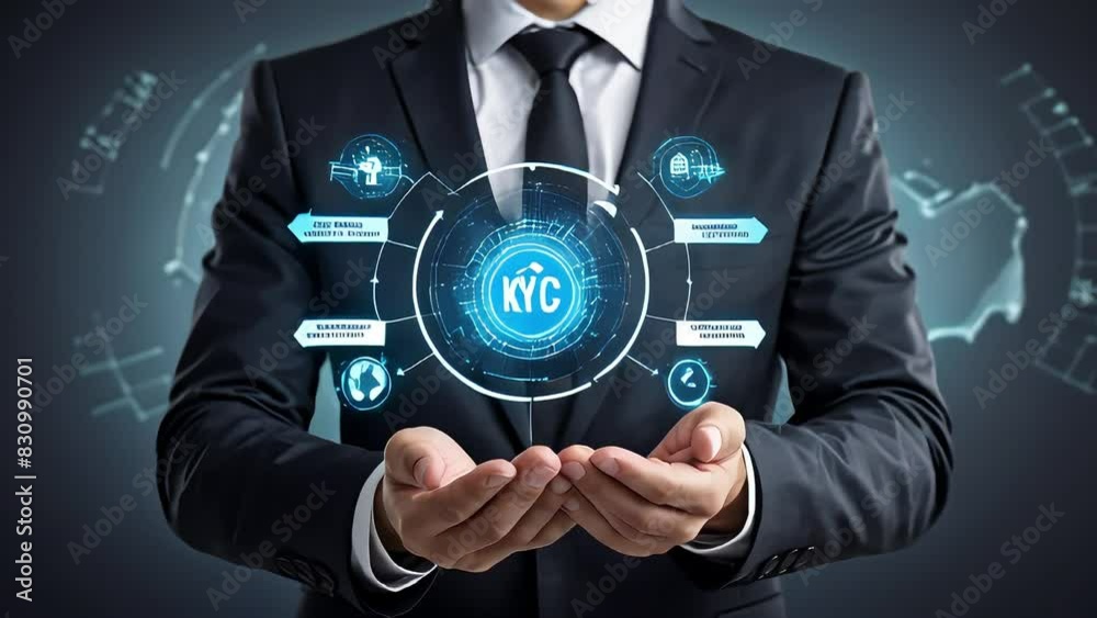 The Know Your Customer (KYC) concept features a businessman holding an identity verification symbol to improve financial security and access personal financial data using biometric security. The Know Your Customer (KYC) concept features a businessman holding an identity verification symbol to improve financial security and access personal financial data using biometric security.