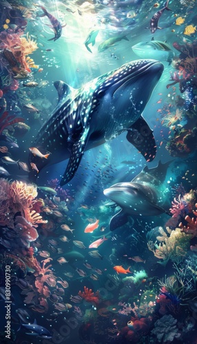 Animals of the underwater sea world. Ecosystem. Colorful tropical fish. Life in the coral reef